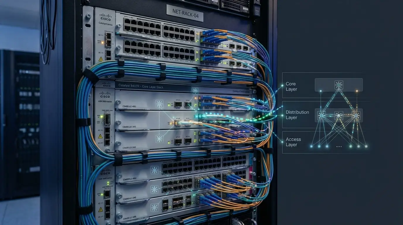 Cisco Enterprise Switching architecture showing hierarchical core, distribution, and access layers connected with high-speed fiber optics
