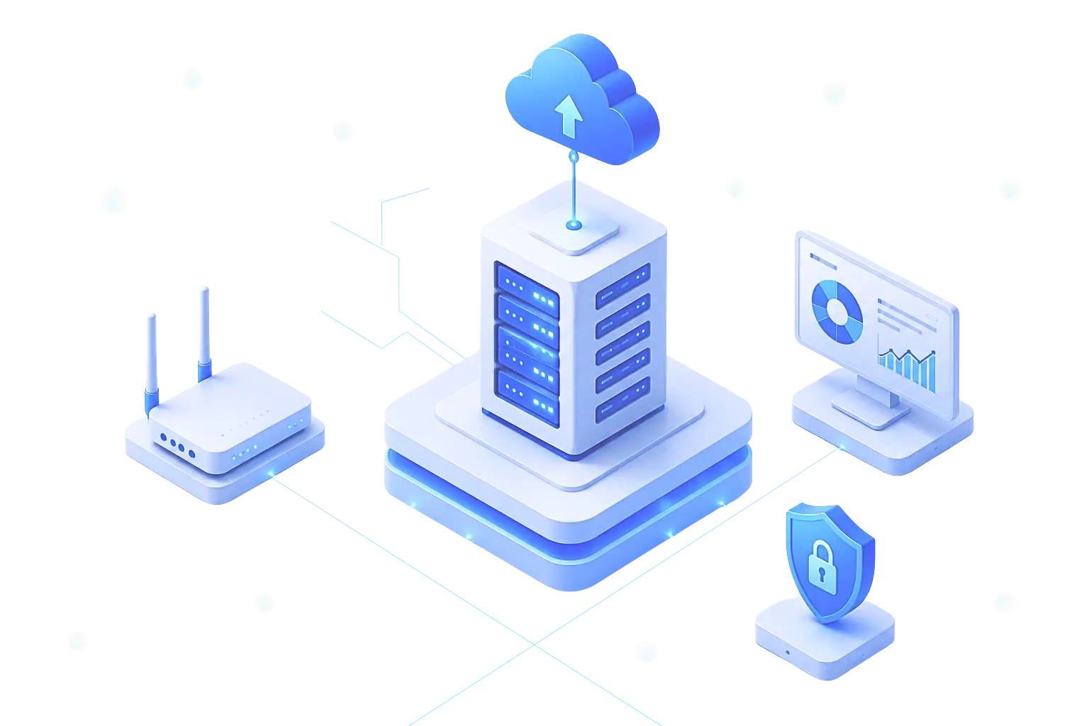 Abstract illustration of enterprise IT infrastructure, racks and data flow